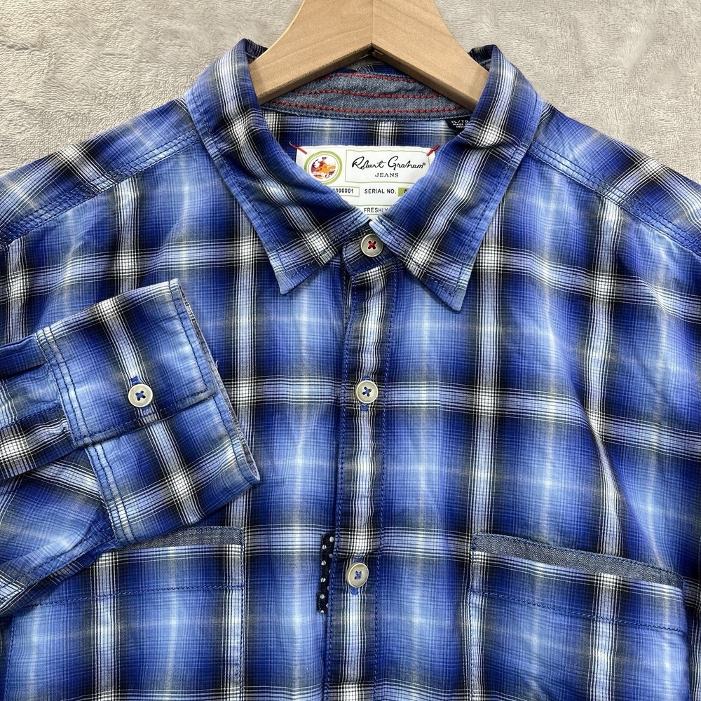 Robert Graham Men's Shirt XL Blue Plaid Button Up Roll‎ Tab Sleeve